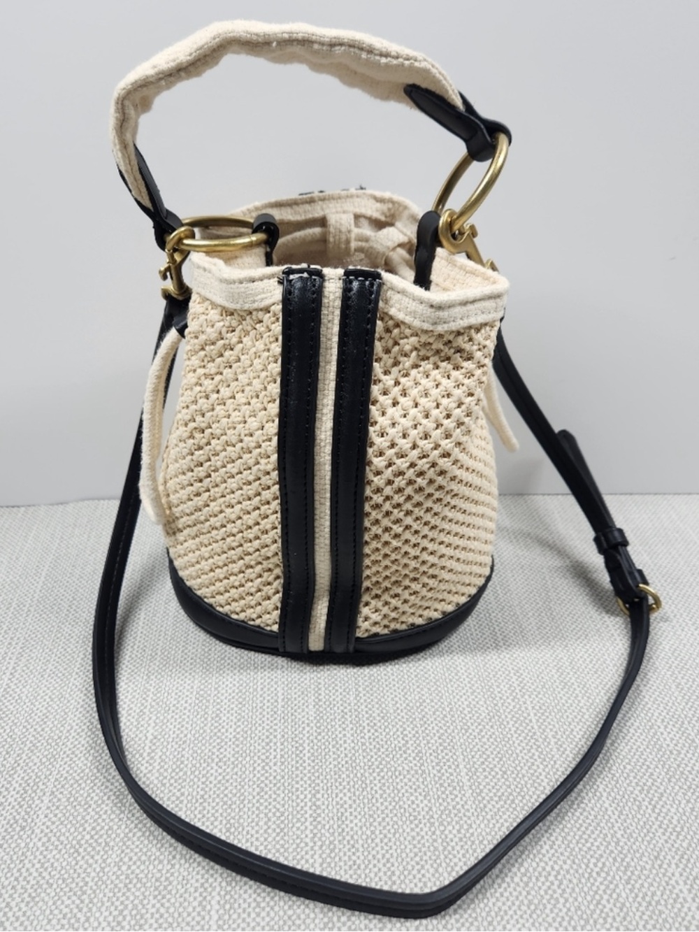 Zara Knit Cream Woven Drawstring Bucket Bag with Black Trim
